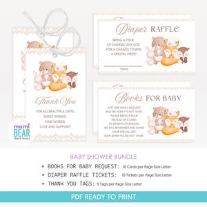 Billets de tombola pour couches, animaux mignons de la forêt, renards, livres, cartes de demande, lot de remerciements.  Célébration de la grossesse, de la maternité et du baby shower