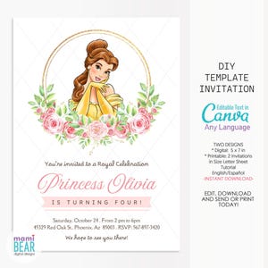 Modello di invito di compleanno della principessa Belle. Celebrazione della Bella e la Bestia. Invito alla festa reale floreale per ragazze. Scheda digitale modificabile per bambini.