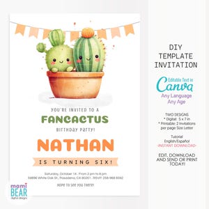 Modèle d'invitation d'anniversaire de cactus mignon. Invitation à une fête de célébration pour les amoureux des plantes succulentes du désert. Carte numérique imprimable et modifiable pour enfants