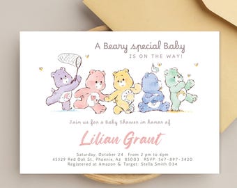 かわいいクマのベビーシャワー招待状。編集・印刷可能なテンプレート。妊婦さん向け招待状。マタニティ・出産祝い。