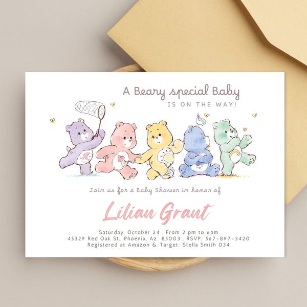 Zaproszenie na baby shower z uroczymi misiami. Edytowalny szablon do druku. Zaproszenie dla przyszłej mamy. Brzuch, ciąża, macierzyństwo, narodziny dziecka.