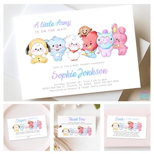 May include: Baby shower invitation with the text "A little Army is on the way!" and the name "Sophie Jonhson". The invitation features colorful cartoon characters. Also included are cards for a diaper raffle, thank you, and books for baby.