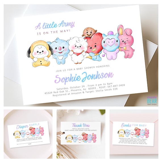 BT21 Baby Shower Invitation . Kpop Diaper Raffle, Books for Baby Tickets and Thank You Tags . Baby Army Mom to Be Celebration BTS Invite