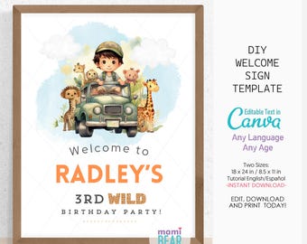 Placa de boas-vindas de aniversário do Wild Safari. Jipe Girafa Animais da Selva Celebração para Crianças Meninos. Artigos para festa infantil editáveis e imprimíveis