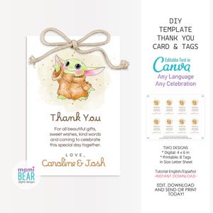 Cartão de agradecimento e etiquetas do Pequeno Jedi Grogu. Modelo editável para impressão de lembrancinhas. Agradecimento aos convidados do chá de bebê. Celebração de Nascimento