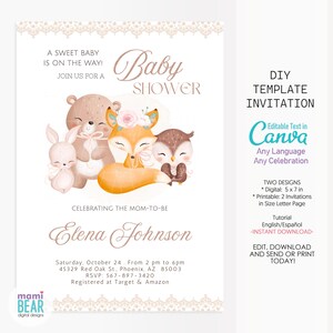 Convite para chá de bebê com animais fofos de raposa e floresta.  Celebração da futura mamãe. Convite editável para gravidez, maternidade e nascimento