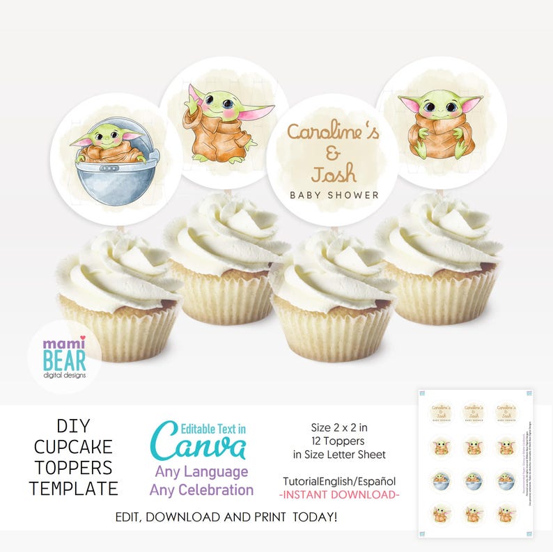 May include: Printable cupcake toppers featuring a cartoon character with large ears and green skin. The toppers are 2 inches by 2 inches and come in a set of 12. The text on the toppers reads "Caroline's & Josh Baby Shower".
