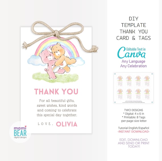 Cute Bears Thank You Card & Tags . Digital Editable Printable Birthday Favor Souvenir Guests Appreciation . Party Supplies Kids Celebration