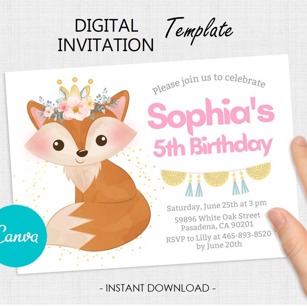 Fox Birthday Party Invitation - Fox Girl Invitation - Cute Fox - Fox Girl Party - Fox Boho Pink Invite - Fox Editable Invitation - Fox