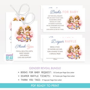 Loten voor de luierverkoop voor het onthullen van het geslacht, kaarten voor boekaanvragen en een bundel met bedanklabels. Hij of Zij, Prins of Prinses. Ouders aanstaande feest