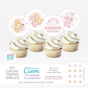 Cute Bears Cupcake Toppers. Editable Printable Template Rainbow Birthday Party Decoration. Girly Pink Kids Celebration