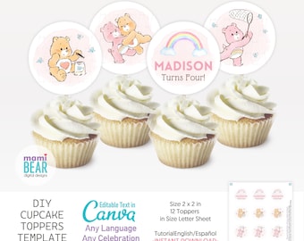 Cute Bears Cupcake Toppers. Editable Printable Template Rainbow Birthday Party Decoration. Girly Pink Kids Celebration