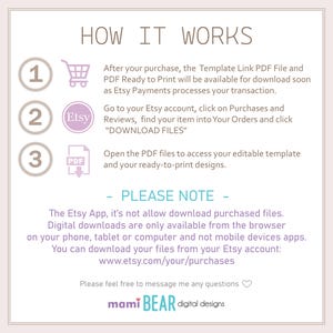 May include: A digital download guide titled "HOW IT WORKS" with numbered steps. The guide explains how to download files after purchase, including Etsy account navigation and PDF access. Includes a note about browser downloads and the Etsy website address.