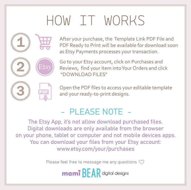 May include: A digital download guide titled "HOW IT WORKS" with numbered steps. The guide explains how to download files after purchase, including Etsy account navigation and PDF access. Includes a note about browser downloads and the Etsy website address.