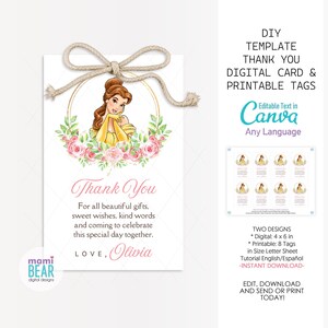 Princess Belle Thank You Card & Tags . Beauty and the Beast Party Favors Souvenirs . Girls Royal . Kids Editable Printable Decor Supplies