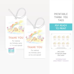 Süße Dankesanhänger mit Bären-Motiv. Druckbare Partyartikel für Sommer, Pool und Strand, Regenbogen. Geburtstagsdekoration. Gastgeschenke Souvenirs Feier