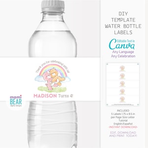 Cute Bears Water Bottle Labels.  Editable Printable Birthday Party Decoration. Rainbow Girly Pink Kids Celebration