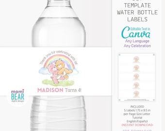 Cute Bears Water Bottle Labels.  Editable Printable Birthday Party Decoration. Rainbow Girly Pink Kids Celebration