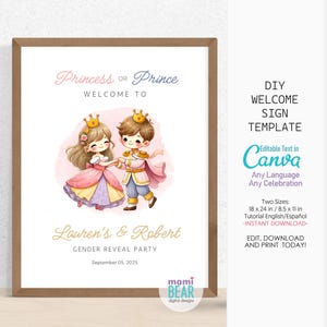 Placa de boas-vindas para revelação do sexo do bebê. Menino ou menina editável para imprimir. Decoração para ele ou ela futura mamãe. Pais para ser anúncio de gravidez bebê
