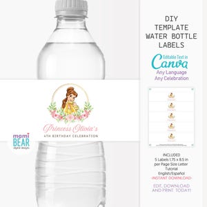 Puede incluir: Etiquetas imprimibles para botellas de agua con una imagen de dibujos animados de Bella de La Bella y la Bestia de Disney. Las etiquetas están diseñadas para una celebración de cumpleaños número 4 e incluyen el texto "Princess Olivia's 4th Birthday Celebration".