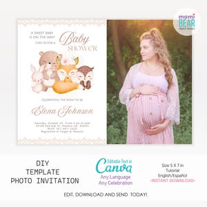 Invitation à une baby shower avec des animaux mignons de la forêt et des renards.  Fête des futures mamans. Invitation photo modifiable pour grossesse, maternité, naissance