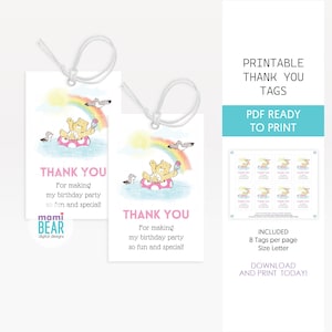 Süße Dankesanhänger mit Bären-Motiv. Druckbare Partyartikel für Sommer, Pool und Strand, Regenbogen. Geburtstagsdekoration. Gastgeschenke Souvenirs Feier