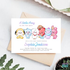 May include: Baby shower invitation with the text "A little Army is on the way!" and colorful cartoon characters. The invitation is for Sophie Jonhson, with date, time, and location details. The design features a light purple and blue color scheme.