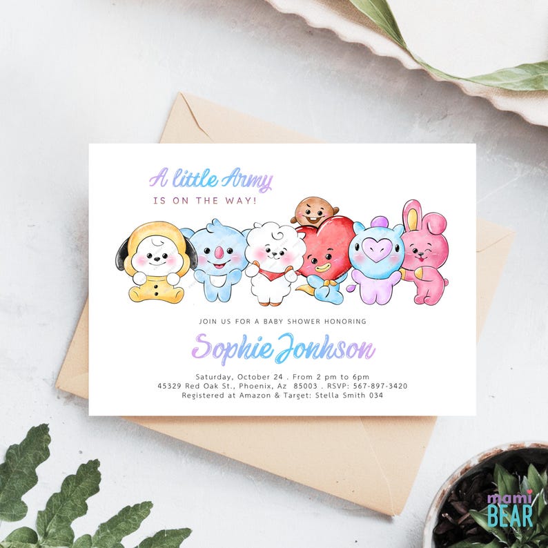 May include: Baby shower invitation with the text "A little Army is on the way!" and colorful cartoon characters. The invitation is for Sophie Jonhson, with date, time, and location details. The design features a light purple and blue color scheme.