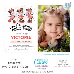 Modèle d'invitation photo d'anniversaire Minnie Red. Célébration du One Two des tout-petits girly. Invitation à l'aquarelle à pois. Carte numérique modifiable pour enfants