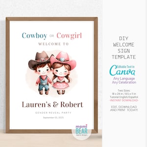 Cowboy or Cowgirl Gender Reveal Welcome Sign . Boy or Girl Editable Printable . He or She Decoration . Parents to Be Announcement Baby