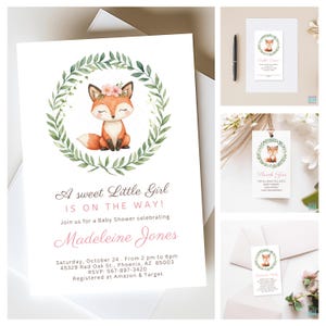 Fox Baby Shower Invitation, Books For Baby, Diaper Raffle Tickets, Thank You Tags. Girl Mom to Be Invite Celebration