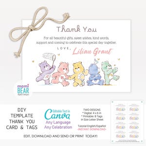 Carte de remerciement et étiquettes avec des ours mignons. Modèle imprimable modifiable pour cadeaux souvenirs. Appréciation des invités pour la baby shower. Célébration de naissance