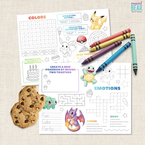 May include: Two activity sheets with Pokémon-themed games and coloring pages, accompanied by colorful crayons and chocolate chip cookies. The sheets feature word searches, mazes, and drawing prompts. The text includes "COLORS", "EMOTIONS", and "Fun Cake Party".