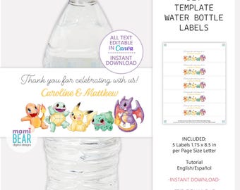 PokemonWater Bottle Labels . Pikachu Baby Shower Editable Printable Mom to Be Decoration. Bump Pregnancy Maternity Birth Celebration