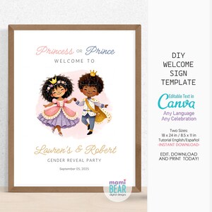 Placa de boas-vindas para revelação do sexo do bebê. Menino ou menina editável para imprimir. Decoração para ele ou ela futura mamãe. Pais para ser anúncio de gravidez bebê