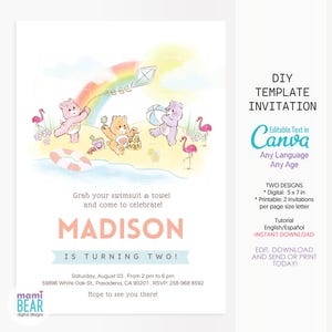 Convite para festa de aniversário na praia e na piscina de verão. Convite de aniversário para meninas na temporada ensolarada. Festa de natação divertida e fofa. Cartão editável para impressão