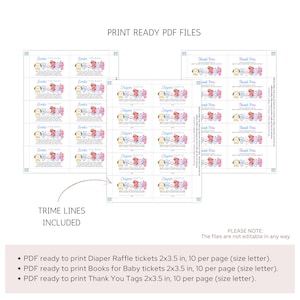 May include: Printable PDF sheets with baby shower-themed designs. The sheets include tickets for a diaper raffle, books for baby, and thank you tags. Each design features colorful illustrations of cartoon animals and the text "Books for Baby", "Diaper Raffle", and "Thank You".