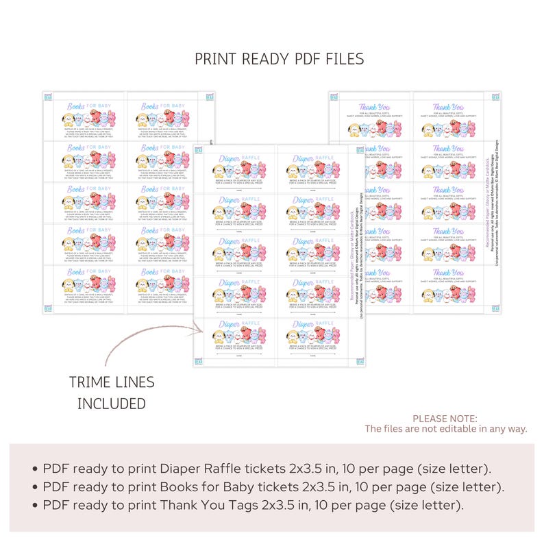May include: Printable PDF sheets with baby shower-themed designs. The sheets include tickets for a diaper raffle, books for baby, and thank you tags. Each design features colorful illustrations of cartoon animals and the text "Books for Baby", "Diaper Raffle", and "Thank You".
