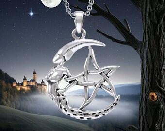 Sterling Silver Crescent Moon Goddess Pentagram Pendant