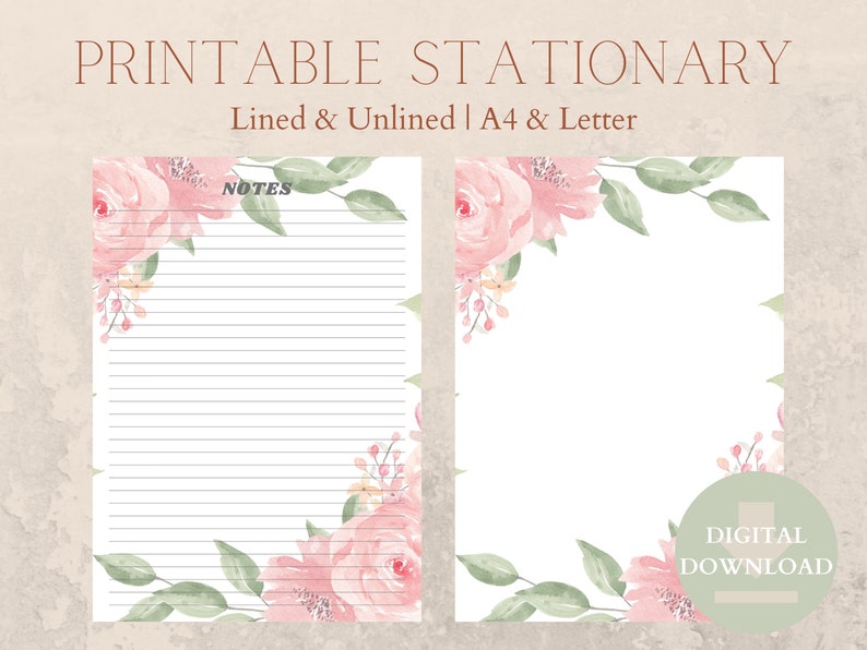 Printable Pink Floral Letter Writing Paper | Digital Download | Lined ...