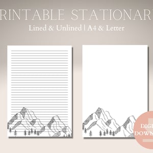 Printable Mountain Letter Writing Paper | Digital Download | Lined & Unlined Printable Stationary | A4, 8.5x11 | Instant Download