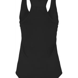 May include: A solid black racerback vest top featuring a scoop neckline and a sleeveless design. The garment has a fitted silhouette with a curved hemline, showcasing a plain, unpatterned fabric construction throughout the entire piece.