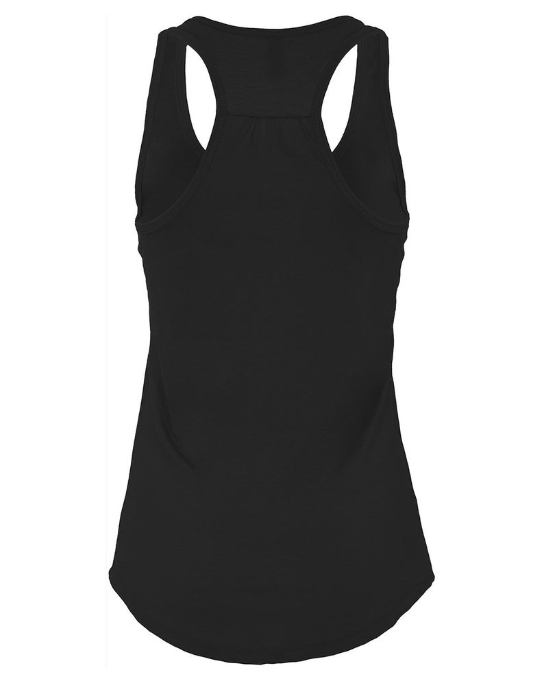 May include: A solid black racerback vest top featuring a scoop neckline and a sleeveless design. The garment has a fitted silhouette with a curved hemline, showcasing a plain, unpatterned fabric construction throughout the entire piece.