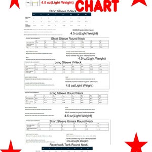 May include: A white size chart document featuring tables for various apparel styles including short sleeve V-neck, short sleeve round neck, long sleeve V-neck, long sleeve round neck, short sleeve unisex round neck, and racerback tank round neck.
