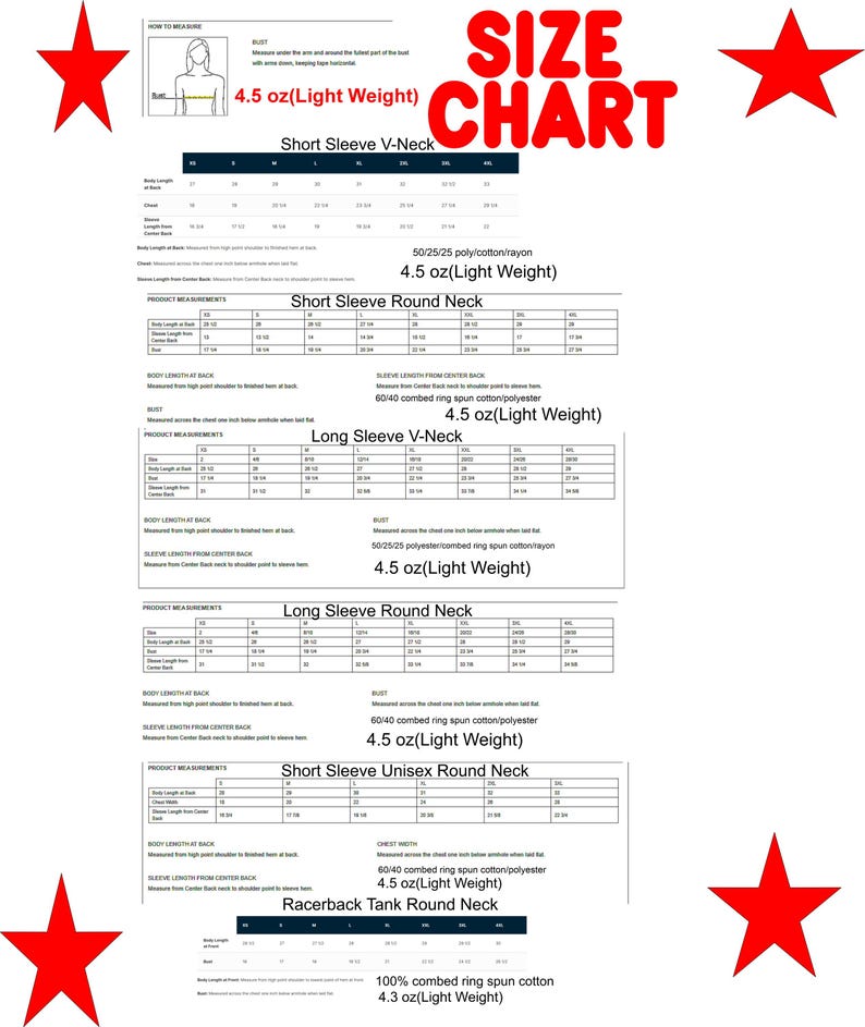 May include: A white size chart document featuring tables for various apparel styles including short sleeve V-neck, short sleeve round neck, long sleeve V-neck, long sleeve round neck, short sleeve unisex round neck, and racerback tank round neck.