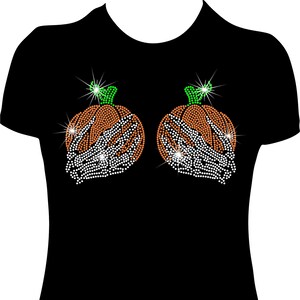 Pumpkin Skeleton Hands Rhinestone Mega Bling  Shirt