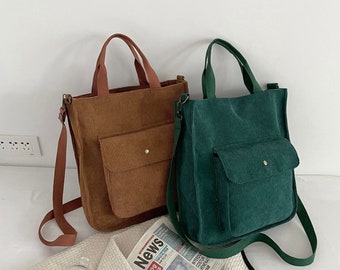 Women Vintage Shopping Bags Large Corduroy Shoulder Bag Zipper Girls Student Bookbag Handbags Casual Tote With Outside Pocket