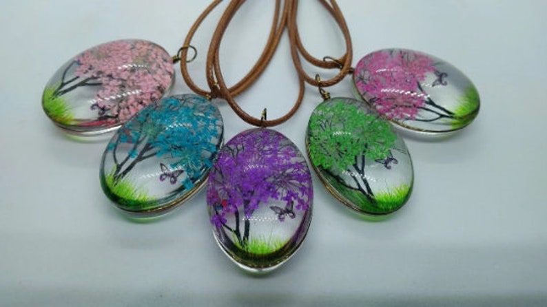 Handmade Boho Necklace Real Dried Flowers Resin Tree Mural Butterfly ...