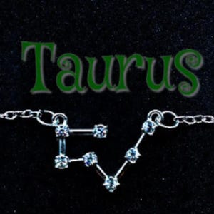TAURUS Zodiac Necklace with Cubic Zirconia Crystals - Astrology Horoscope Jewelry Constellation Silver Chain 18&quot; April May Birthday Gift