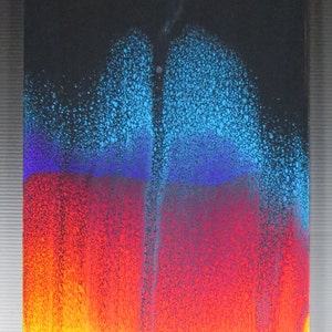 May include: Abstract art painting with a blue, purple, red, and yellow colour scheme. The paint is textured and appears to be made of small dots.
